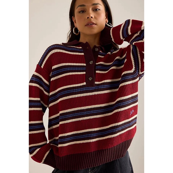 DAMSON MADDER Ilona Rugby Knit Sweater in Red Maroon Blue White Stripe Jumper - Picture 7 of 11